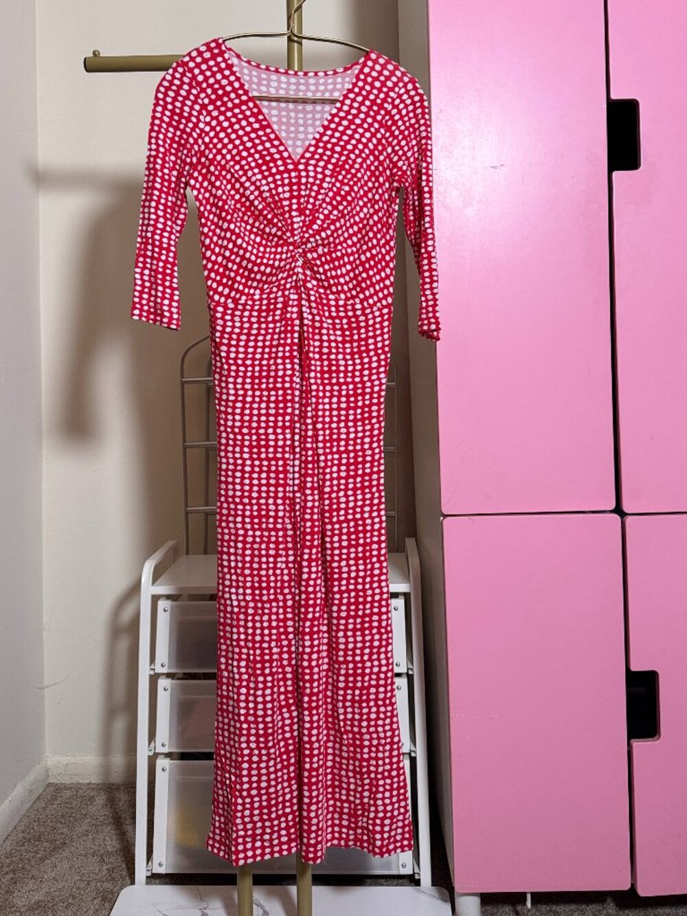 Red & White Polka Dot Twist Front Knit Maxi Dress | 3/4 Sleeve Stretchy Vacation